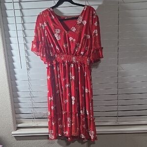 Indigo Rose Red Floral Midi Dress with Smocked Waist